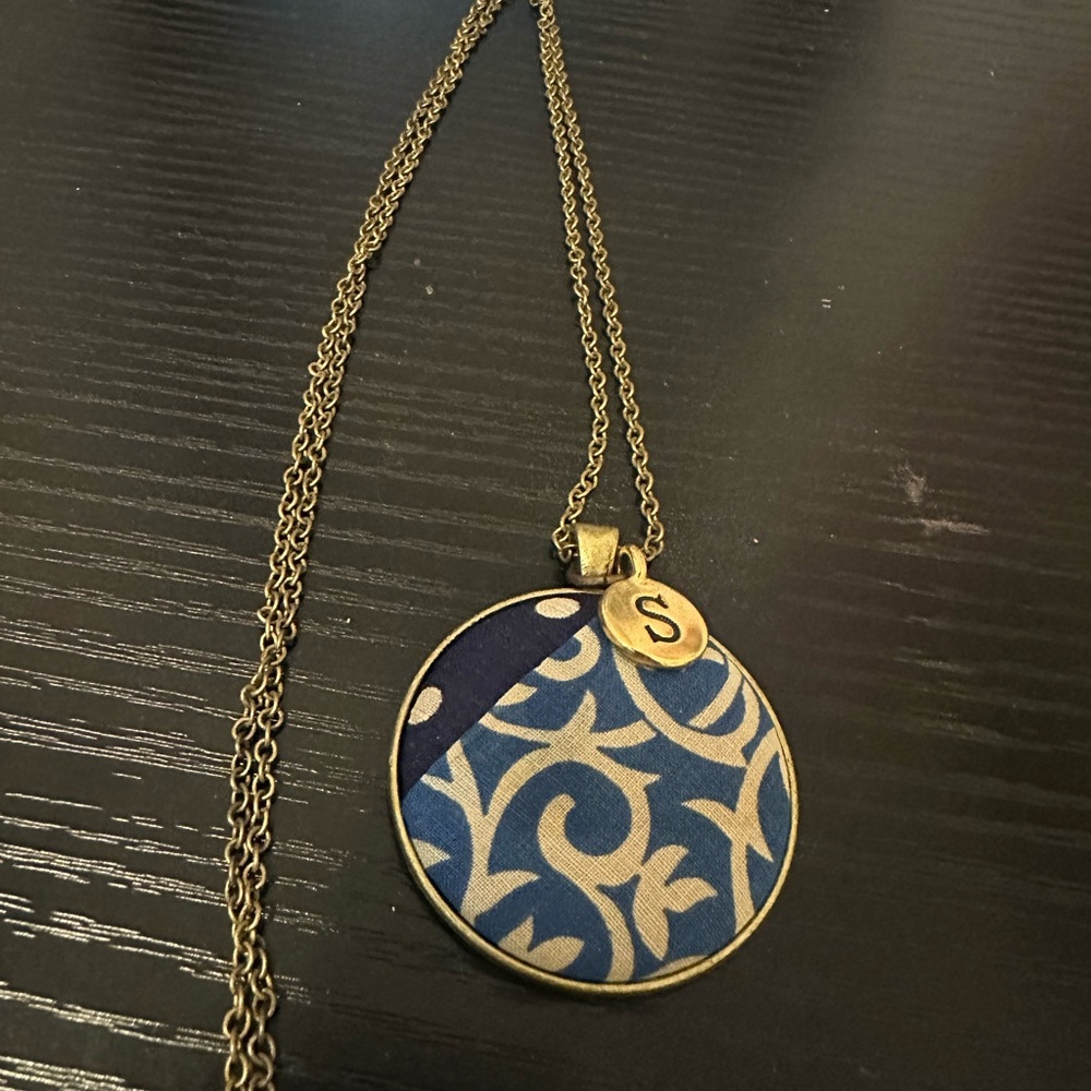 Artistic Blue and Gold Patterned Pendant Necklace